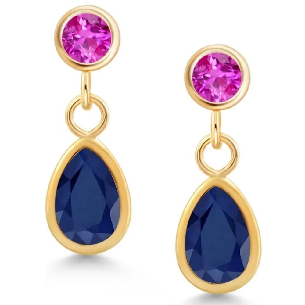 14K Yellow Gold with 1.27Cttw Navy Blue Sapphire and Pink Sapphire Post Earrings